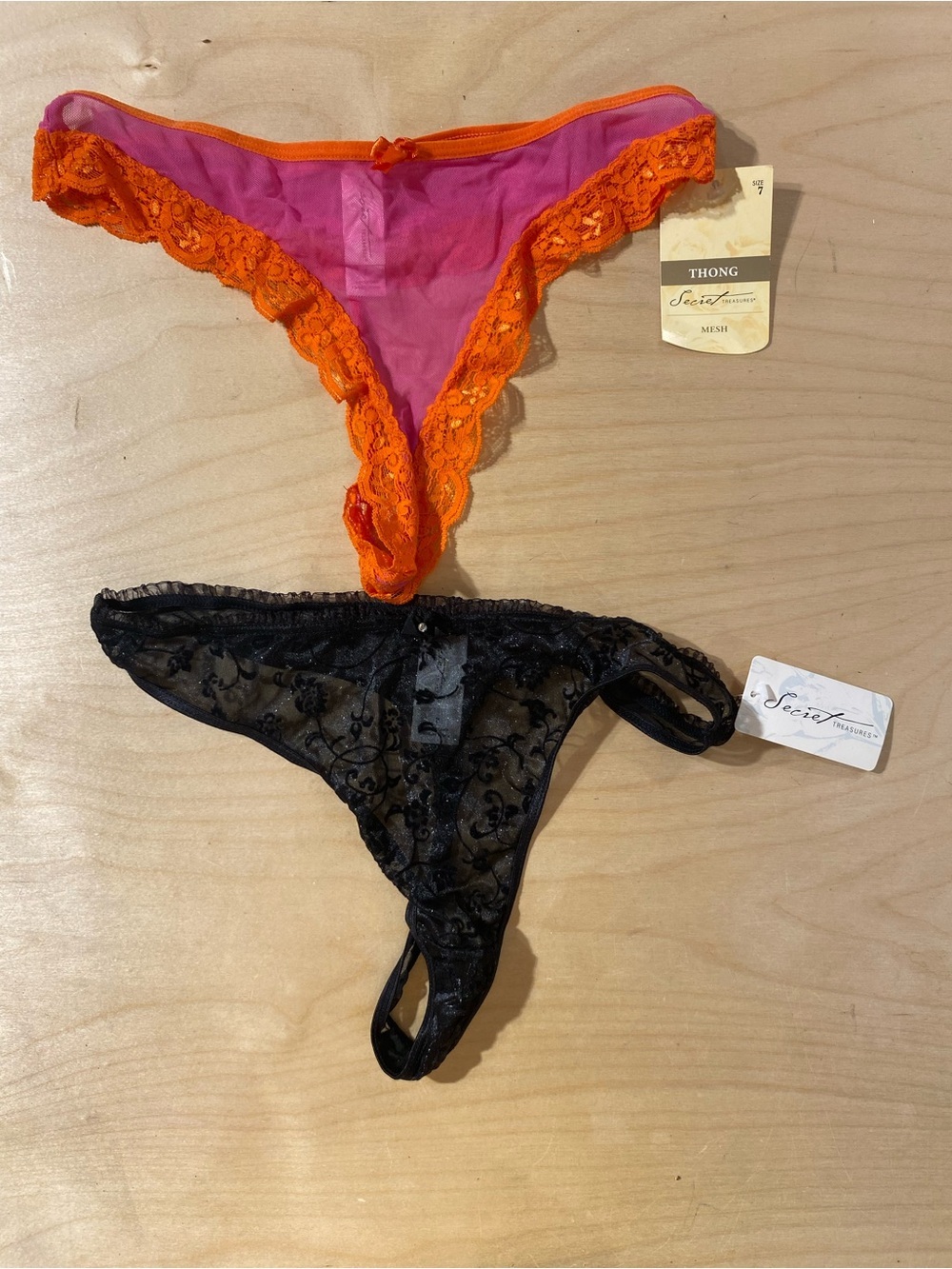 Secret Treasures Embroidered Lace Thong - Pink with Orange Trim & Black 7 (RO)
